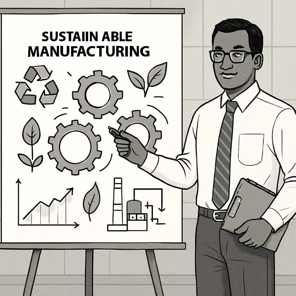 A mechanical engineer presenting sustainable manufacturing solutions in a corporate setting, emphasizing the importance of multi-disciplinary knowledge. Mechanical engineer presenting sustainable solutions in a professional environment.