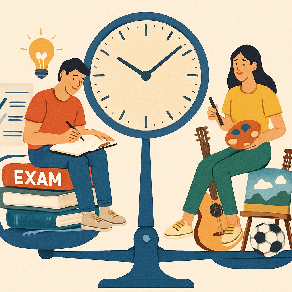 Students balancing exam preparation and personal interests, representing education reform challenges.