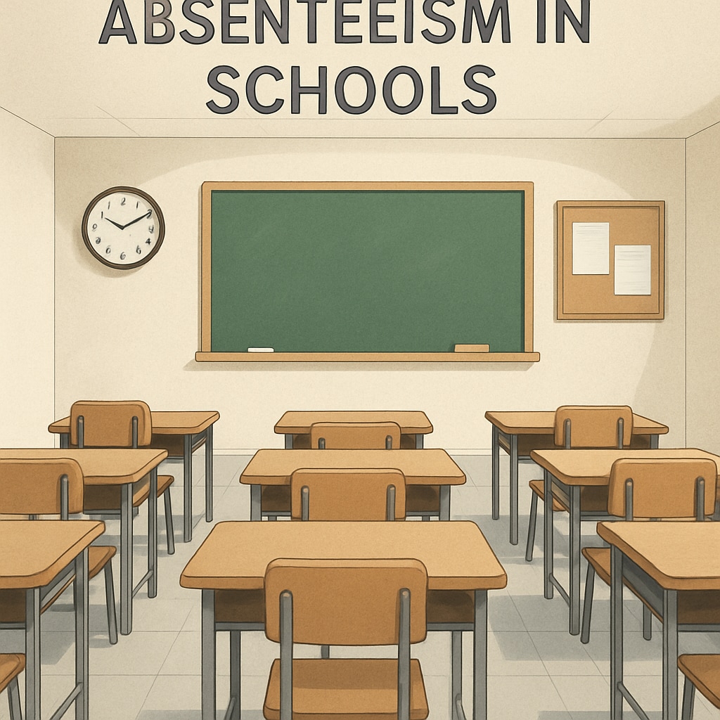 An image of a classroom with empty desks, symbolizing absenteeism in schools. Empty classroom desks representing absenteeism and strict attendance policies.