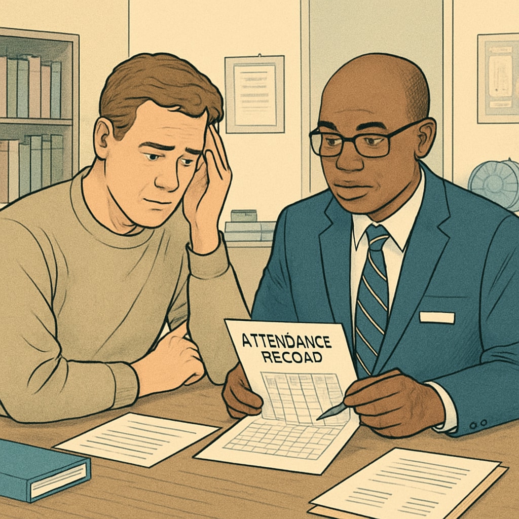 A concerned parent and school administrator discussing a student's attendance record, representing school-family communication. Concerned parent and school administrator discussing attendance issues.