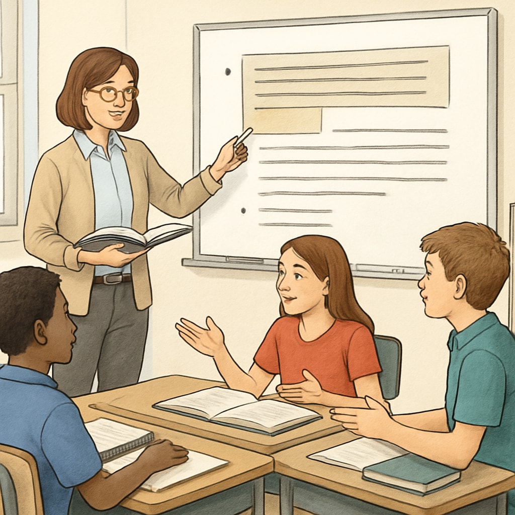 An image of a teacher and students analyzing a reading passage together in a classroom setting. Teachers and students working on reading comprehension and text complexity in a classroom.