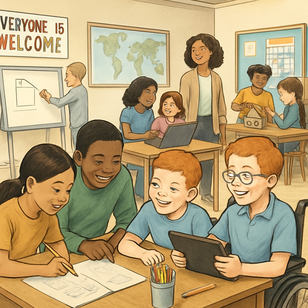 A classroom in the U.S. promoting inclusivity and personalized learning. Students are engaged in group activities and project-based learning. Inclusive U.S. classroom with students collaborating on projects.