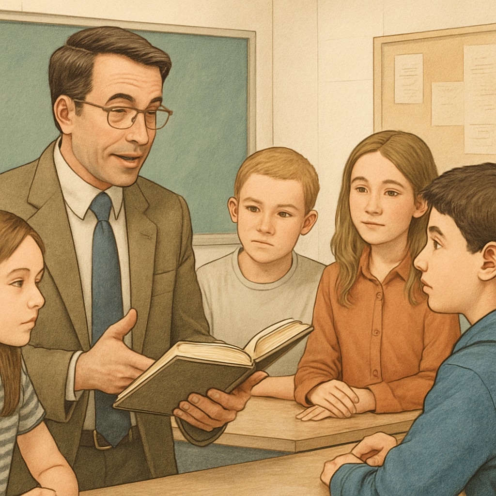 A close-up of a teacher holding a book and discussing it with a group of engaged middle school students. A teacher discussing a book with middle school students to assess text complexity.