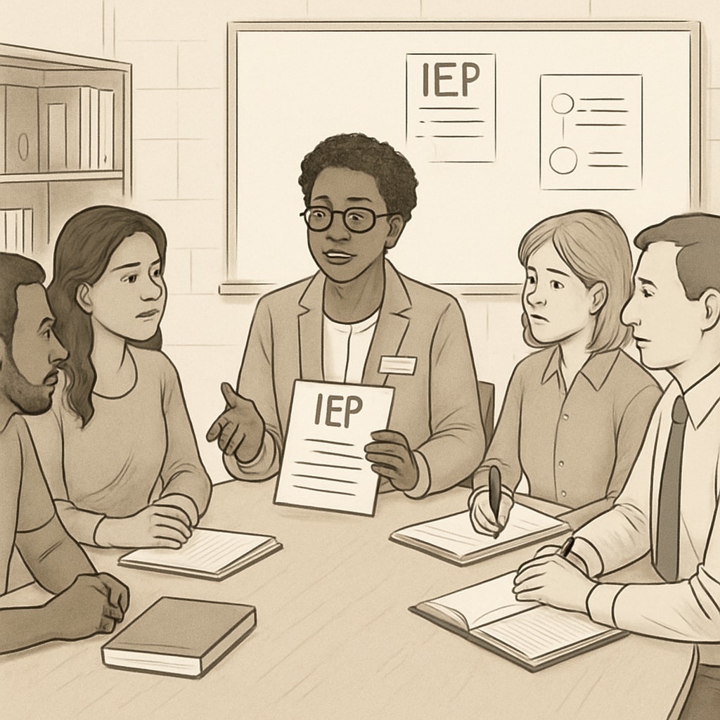 A meeting where a school counselor reviews an IEP with parents and educators, illustrating education department responsibilities.