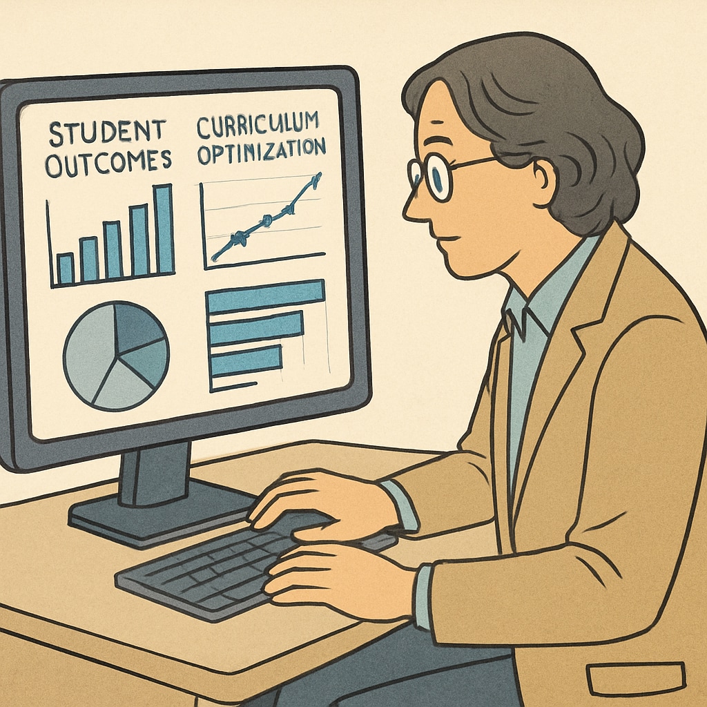 A professional analyzing education data on a computer screen, highlighting trends in student outcomes and curriculum optimization. Business analytics and finance in K12 education data analysis.