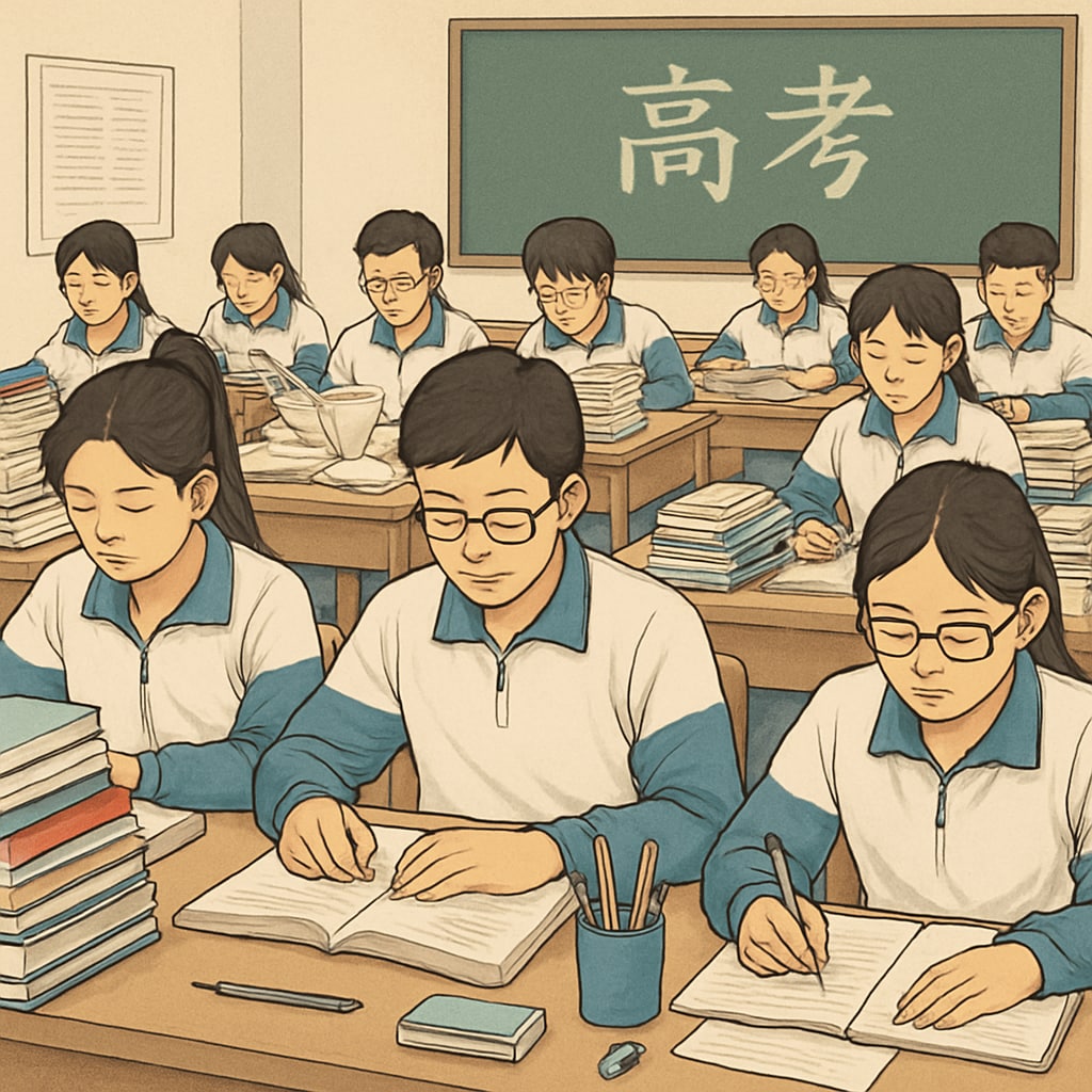 Chinese students in a classroom preparing for the gaokao. The image highlights rows of focused learners with textbooks and notes. Chinese classroom with students studying for the gaokao exam.