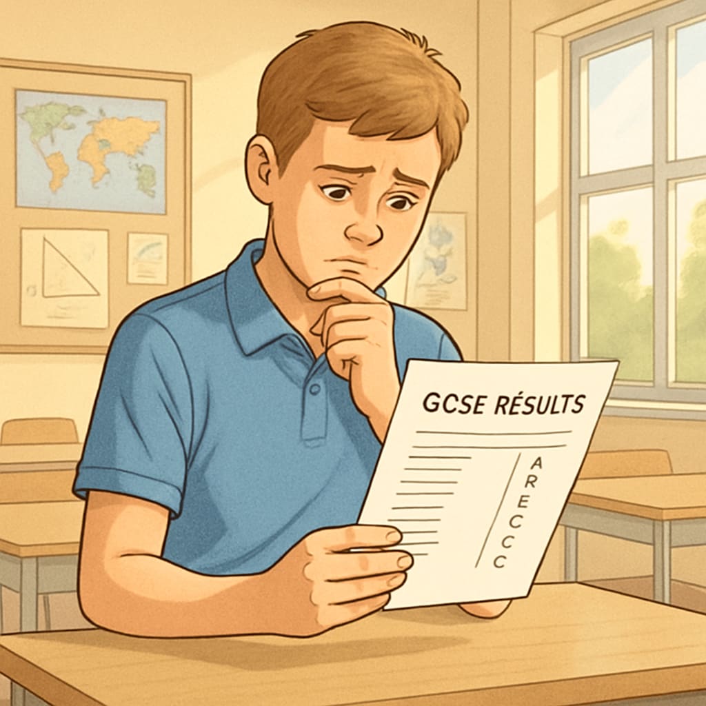 A high school student looking at their GCSE results with a mix of emotions, symbolizing self-reflection and growth. Student reviewing GCSE results, reflecting on academic growth and future paths.