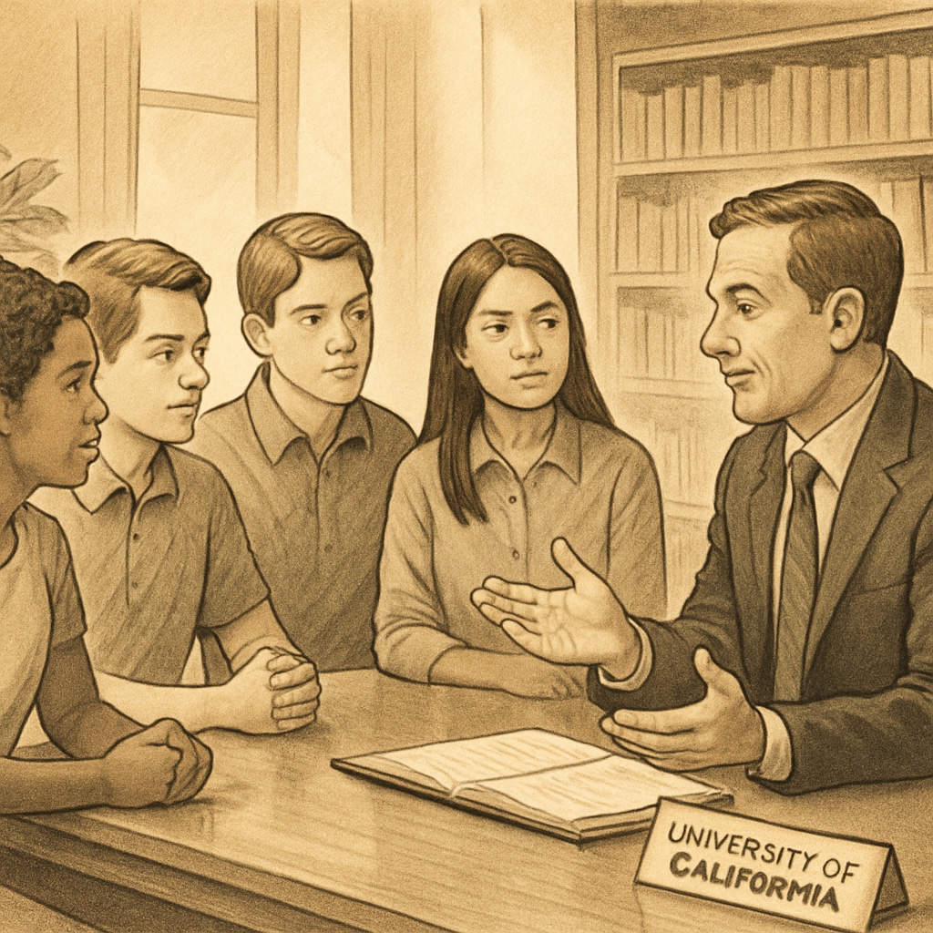 University of California admissions officer consulting with students.