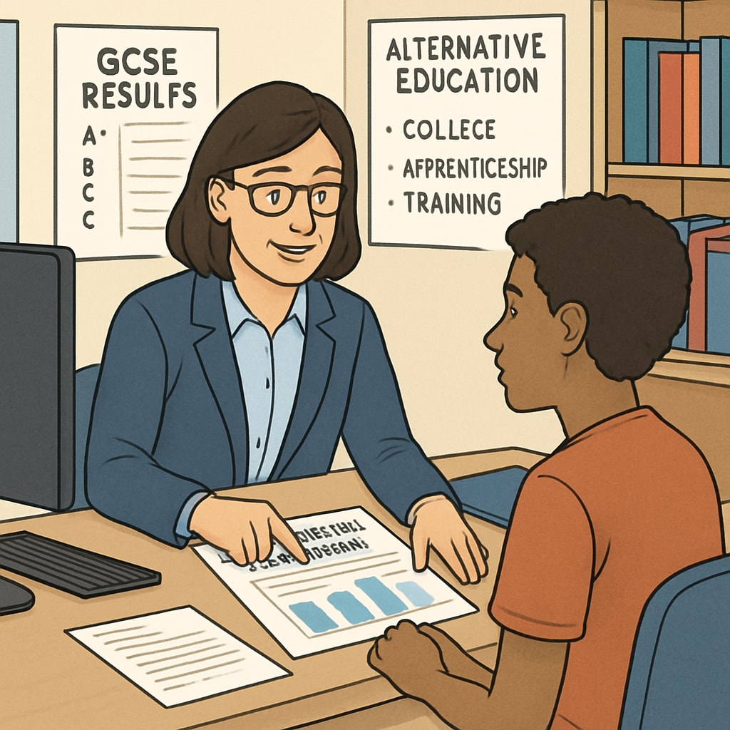 A career counselor advising a student on alternative educational pathways after GCSE results. Career counselor guiding a student on vocational options after GCSE results.