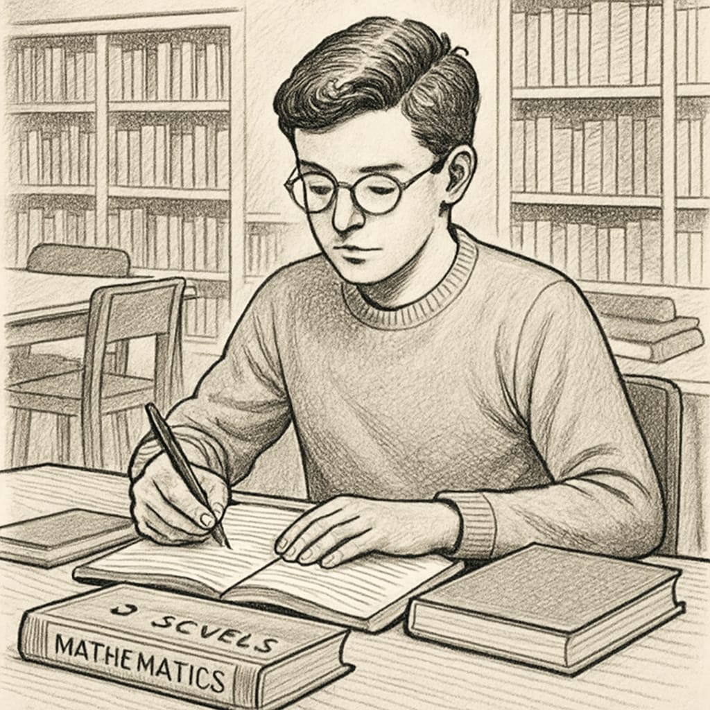 A British student studying in a library, surrounded by textbooks and coursework materials, representing the flexibility of the A Levels system. British student studying for A Levels, emphasizing flexibility and personalized learning.