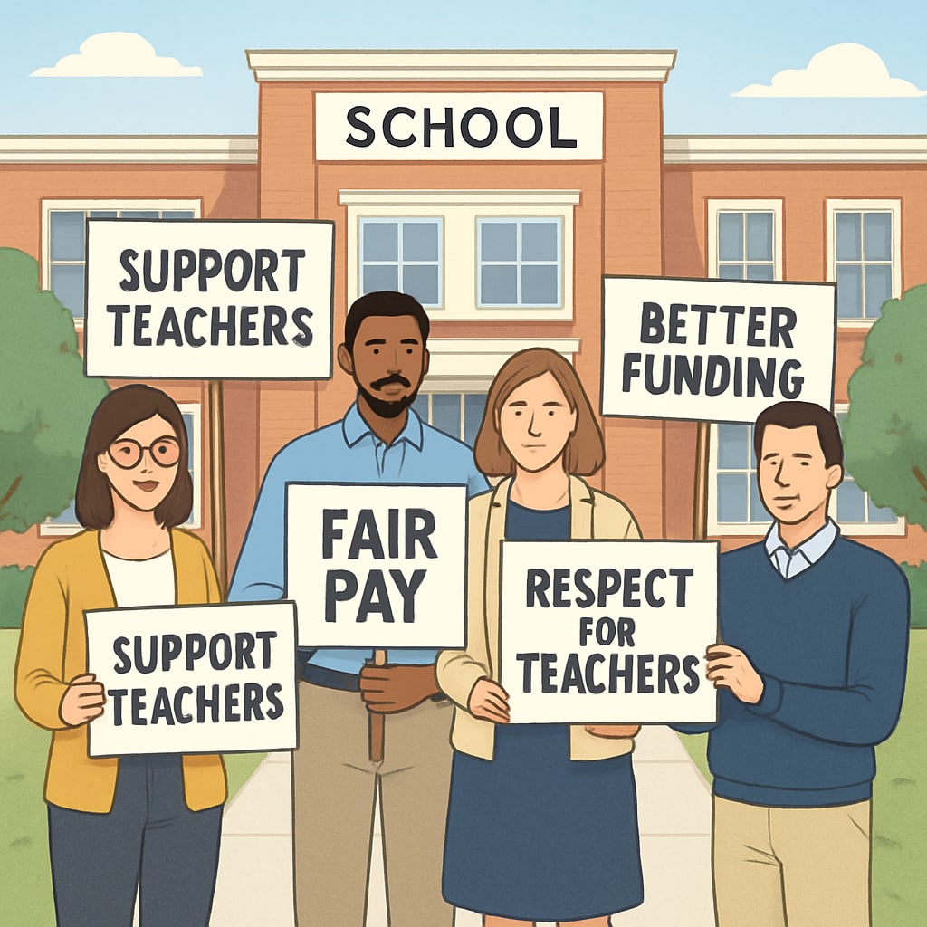 A group of teachers holding signs advocating for better working conditions outside a school building. Teachers protesting for better conditions as part of