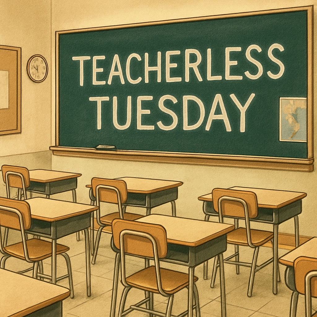 A classroom with empty desks and a blackboard displaying An empty classroom symbolizing teacher absence during