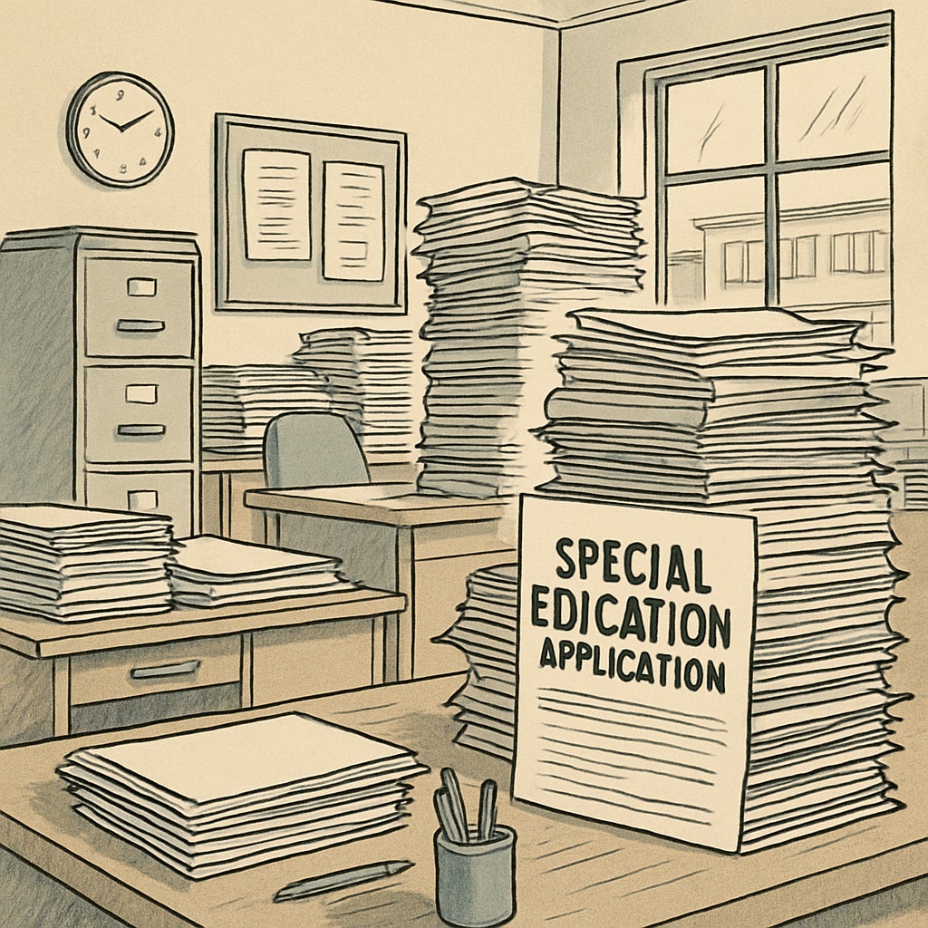 A school office with paperwork that symbolizes administrative delays in processing special education applications in the UK. Administrative delays in special education applications in the UK education system.