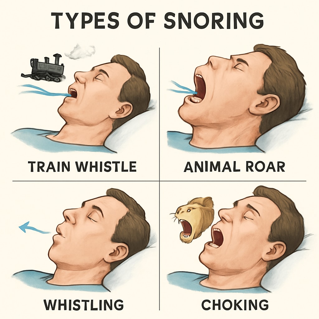 Snoring types illustrated with humorous captions like 