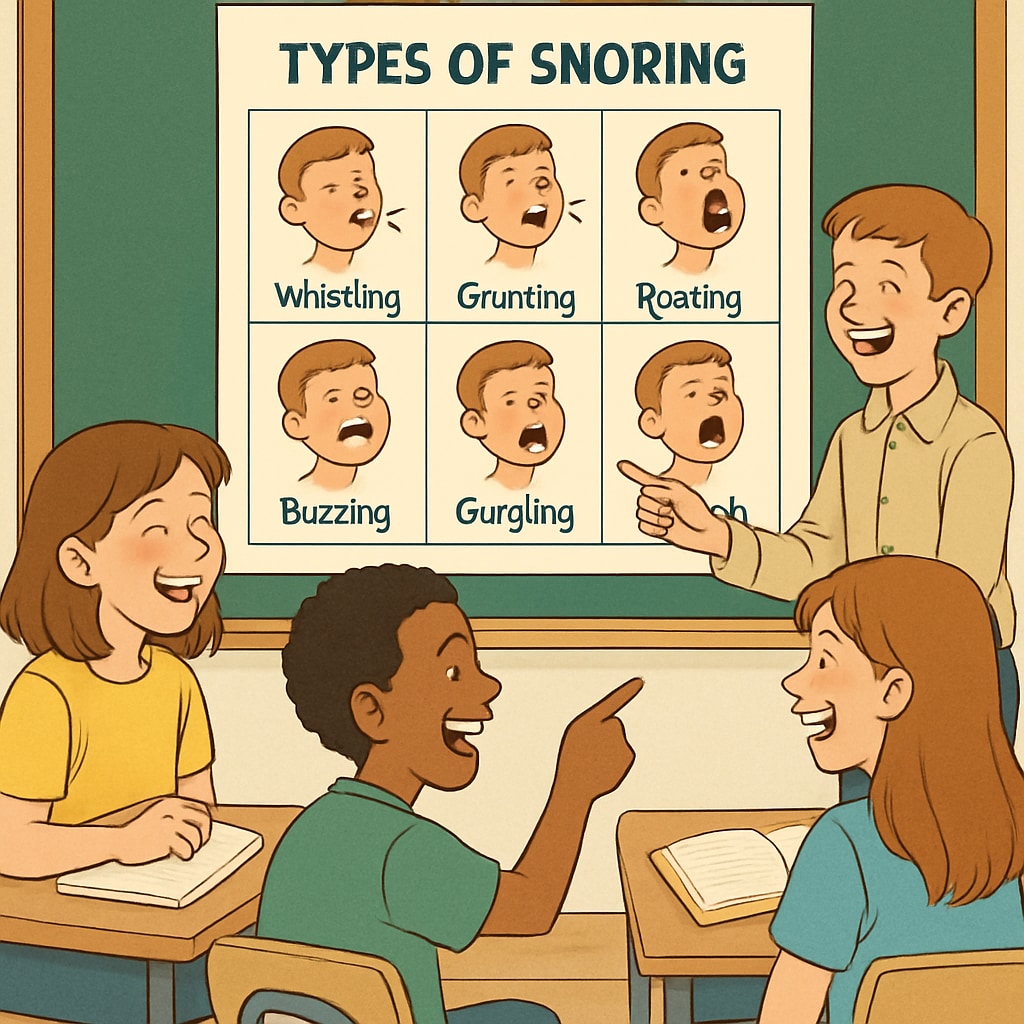 Students laughing at a classroom chart showing snoring types with funny labels.