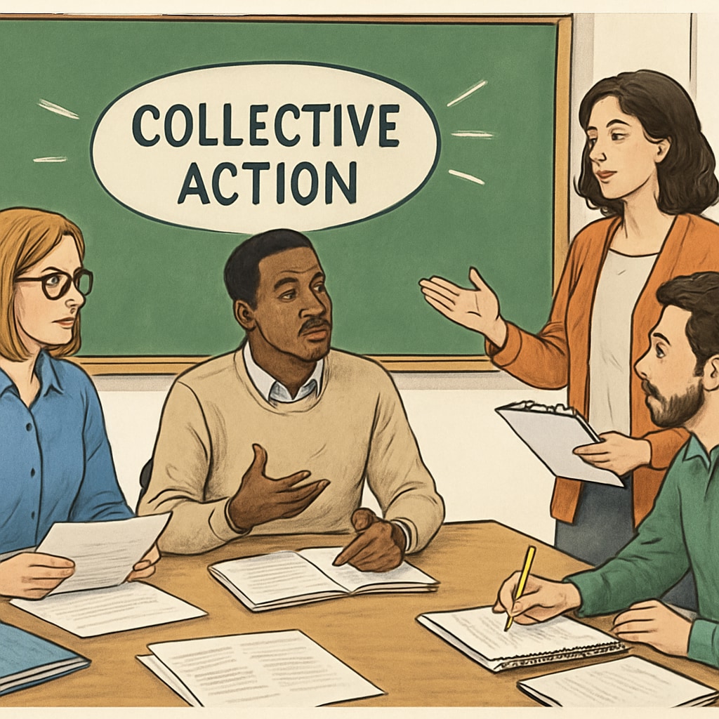 A group of teachers holding a meeting to discuss collective actions like Teacher-Free Tuesdays. Teachers discussing Teacher-Free Tuesdays as a protest strategy.