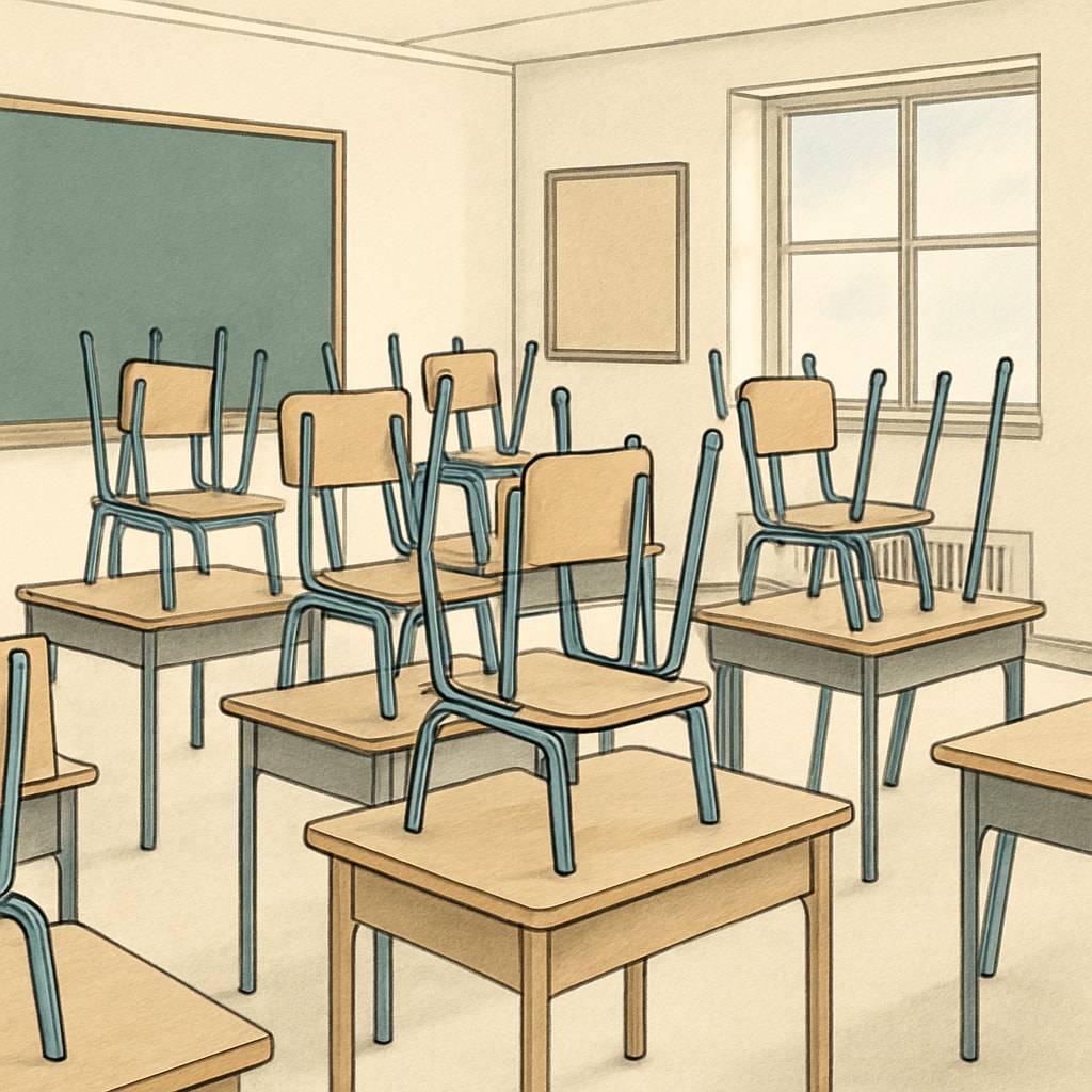An empty classroom with chairs stacked on desks, symbolizing the absence of teachers during Teacher-Free Tuesdays. Empty classroom during Teacher-Free Tuesdays.