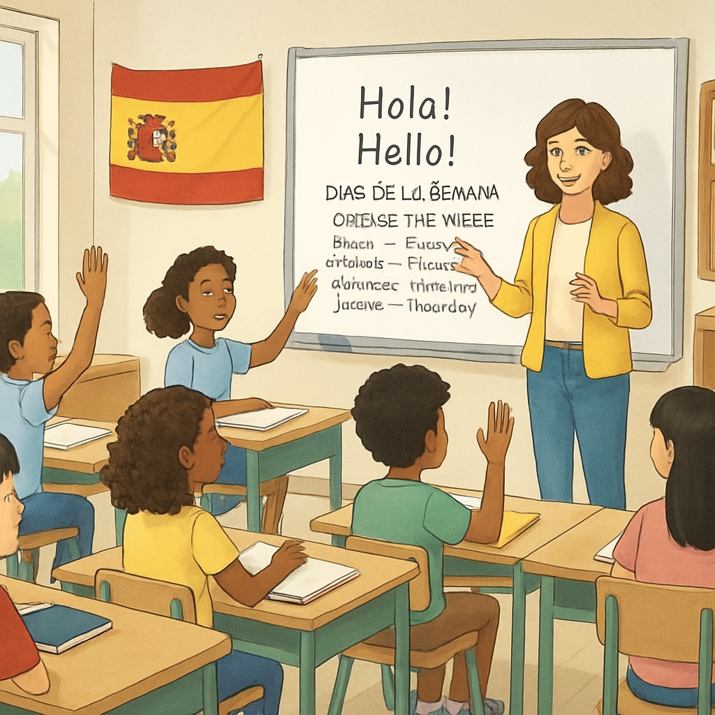 A classroom of diverse students in Spain, engaging in a bilingual lesson with a teacher. Students in Spain’s K12 education system participating in a bilingual class.