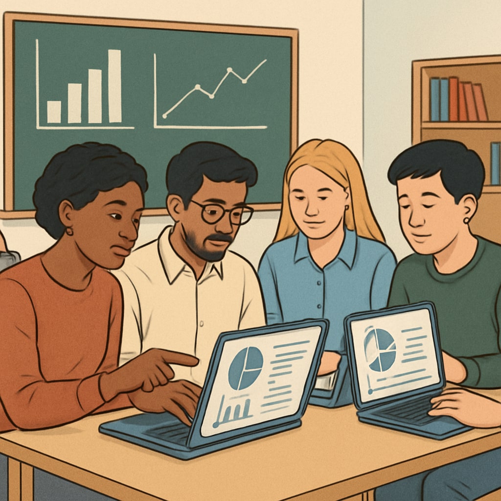 A classroom of international students learning data science with computers. International students studying data science in a classroom setting.