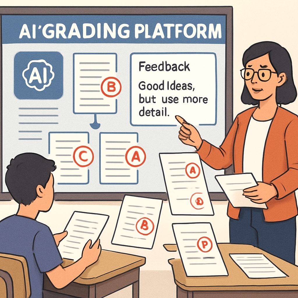 An AI-powered grading platform analyzing student assignments and providing feedback in a classroom setting. AI application automating grading tasks in education to reduce teacher workloads.