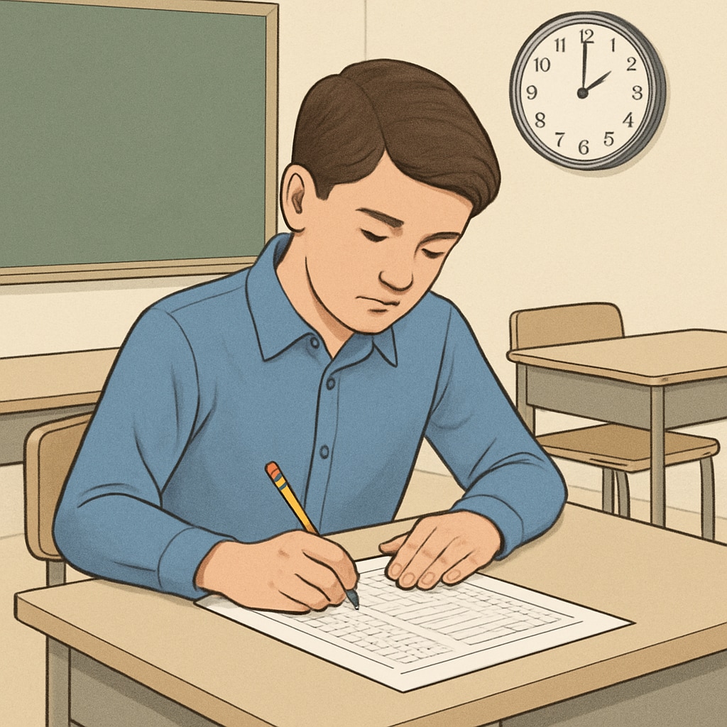 A student taking a standardized test in a quiet exam room. International student taking a standardized test for U.S. university admission.