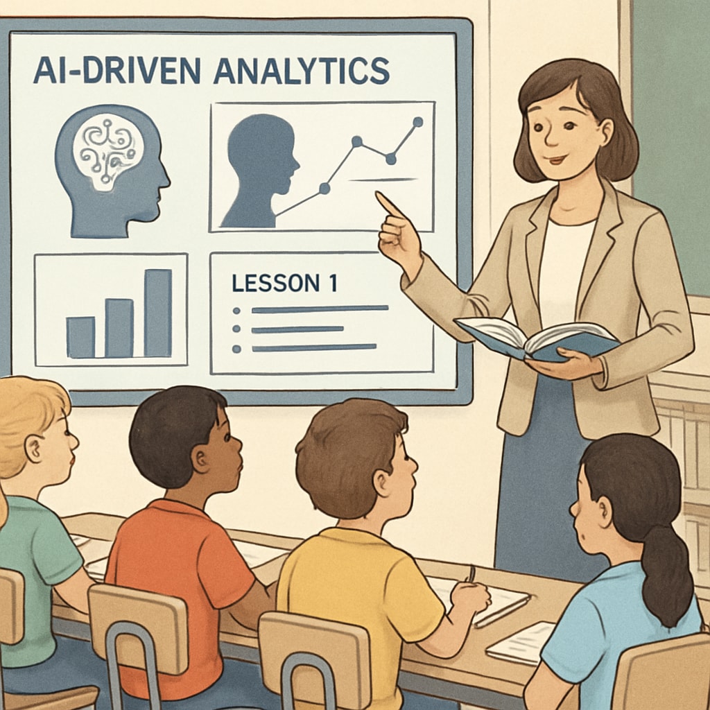 A teacher interacting with students in a classroom, using insights from AI analytics to guide instruction. A teacher leveraging AI insights to enhance personalized instruction in K12 education.