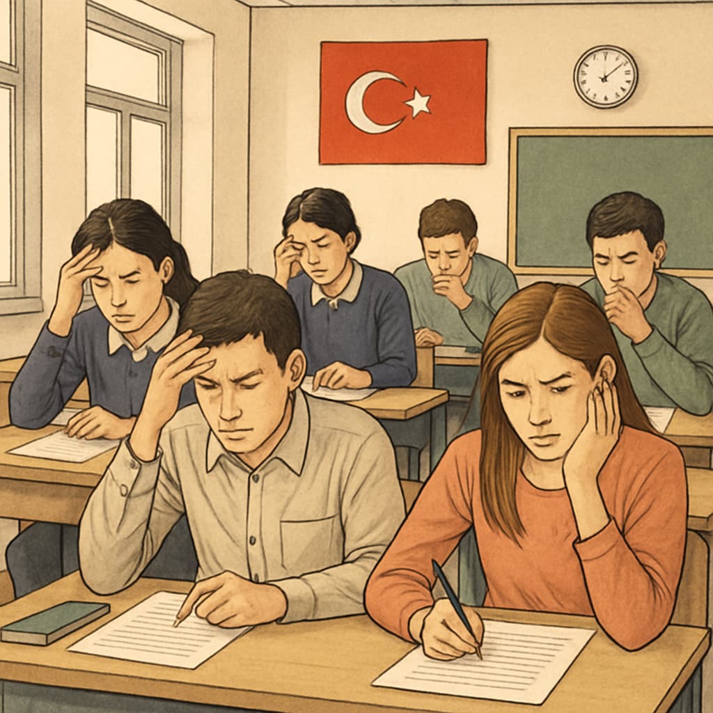 A group of students sitting in a Turkish classroom, preparing for a centralized exam, with visible stress on their faces. Turkish students in a classroom, highlighting exam pressure in Turkey’s education system.