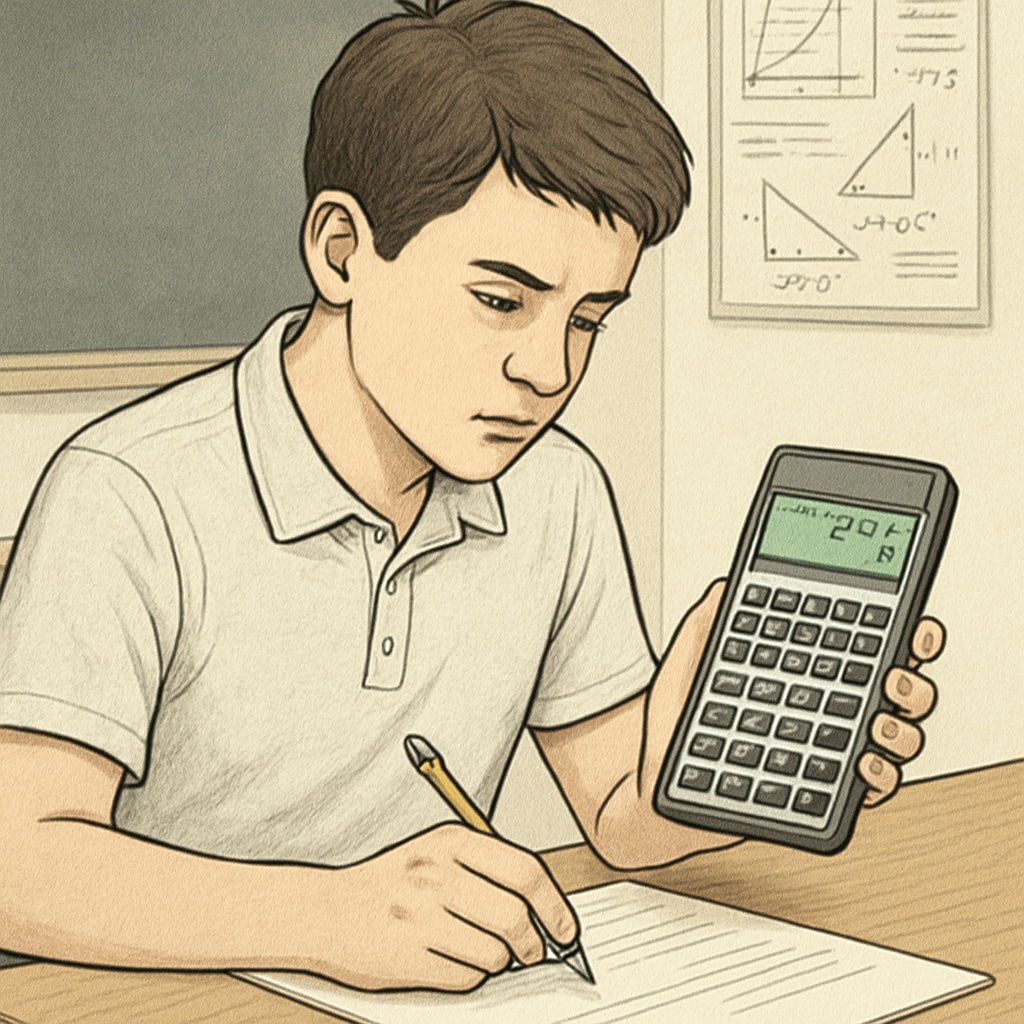 A high school student using an RPN calculator during a mathematics exam. The calculator screen shows a simple postfix calculation. High school student using RPN calculator to solve a math problem.