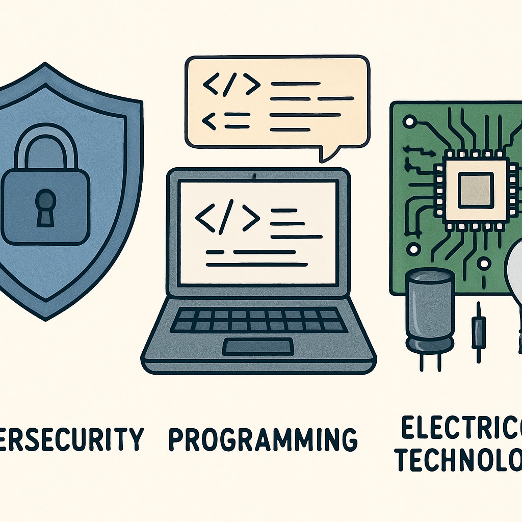 Overview image of IT fields like cybersecurity, programming, and electrical technology.