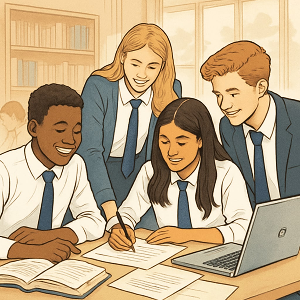 A diverse group of UK high school students engaged in a collaborative project, showcasing the personalized and interactive nature of the A Level system. UK students working on a collaborative project, illustrating the benefits of the A Level education system.