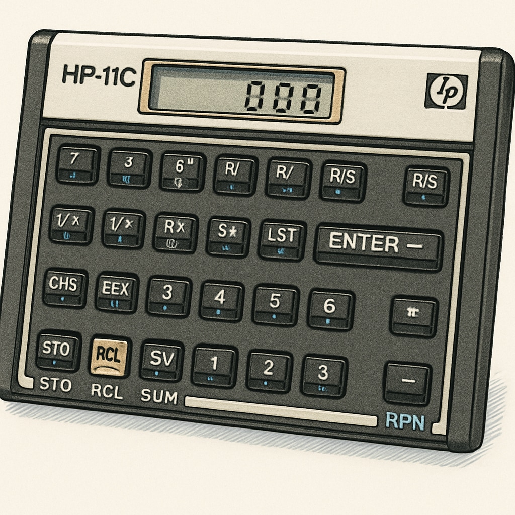 A close-up of an HP 11c calculator illustrating its RPN interface and buttons. HP 11c calculator showing its stack-based RPN interface and buttons.