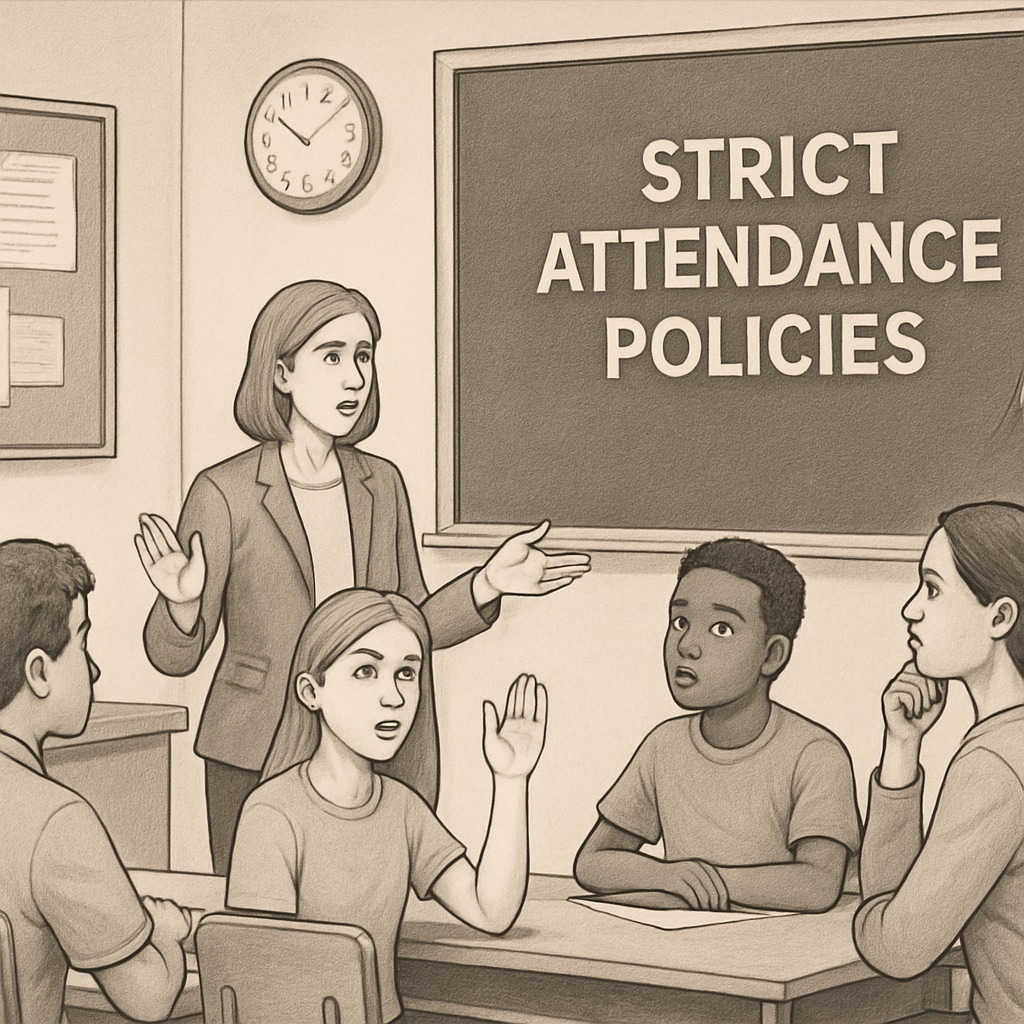 A classroom with students and a teacher discussing attendance policies, emphasizing the impact of strict attendance rules on education. Students and teacher in a classroom discussing attendance policies.