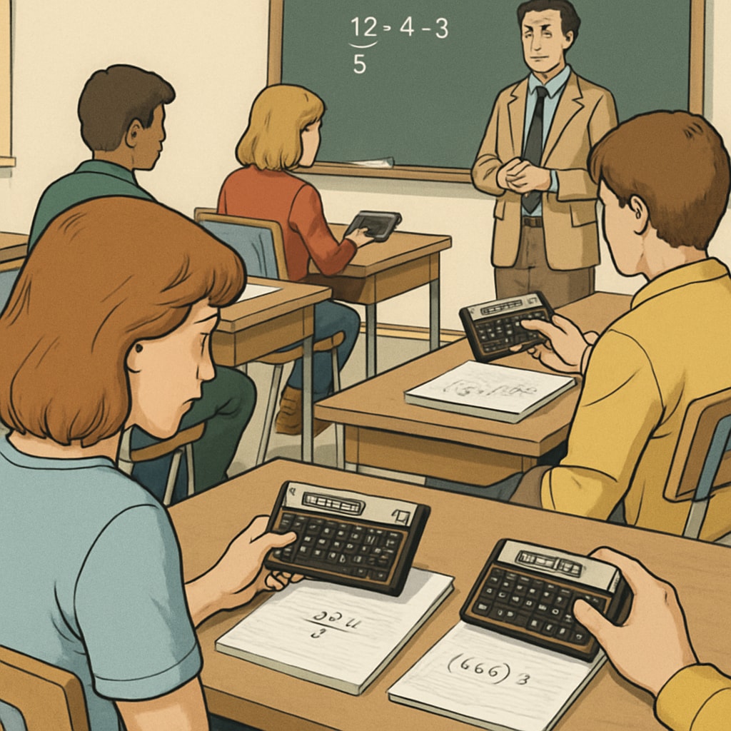 A classroom setting showing students using RPN calculators like the HP 11c to solve math problems. Students in a classroom using HP 11c calculators for math exercises.