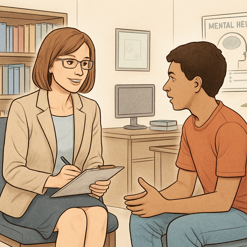 A school counselor speaking with a student in a quiet office setting, emphasizing the supportive roles available in education. School counselor advising a student in a private office, showcasing non-teaching roles in education.