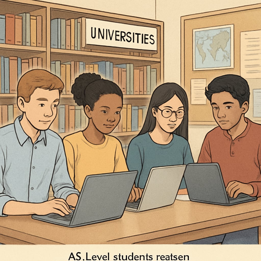 A diverse group of AS Level students researching universities on laptops in a library. AS Level students researching affordable university options on laptops.