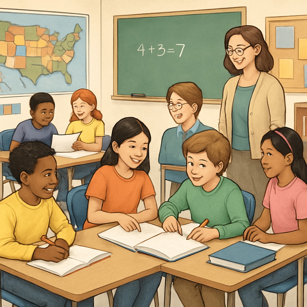 A classroom in the U.S. with diverse students engaged in collaborative learning, reflecting the inclusivity of the American education system. American classroom with diverse students working together, symbolizing education inclusivity.