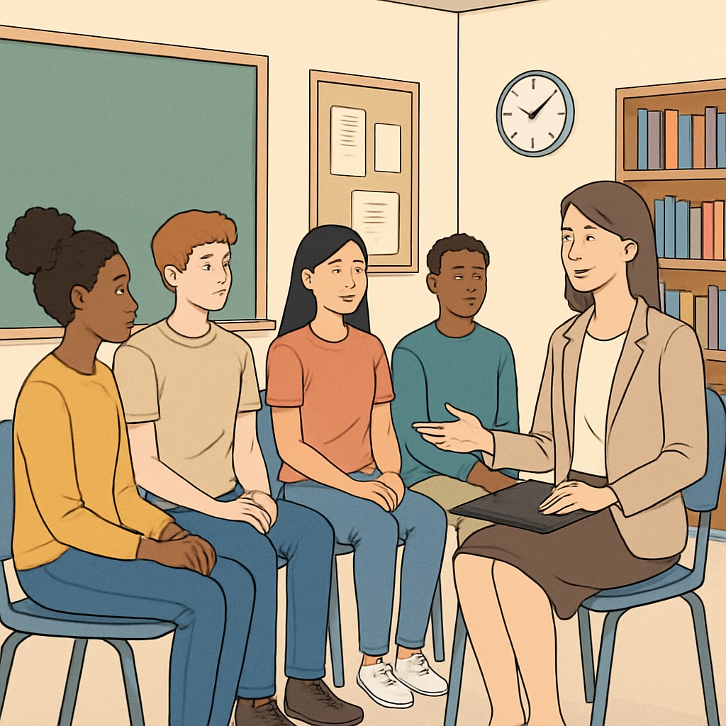 A group of students participating in a behavior correction session led by a counselor. Students in a behavior correction program aimed at addressing disruptive behavior.