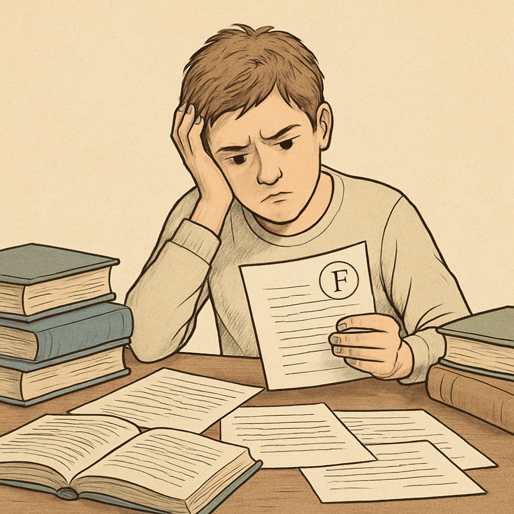 A frustrated student reviewing their grades at a desk, symbolizing academic appeal challenges. A student reviewing grades, representing academic appeals, teacher errors, and grading disputes.