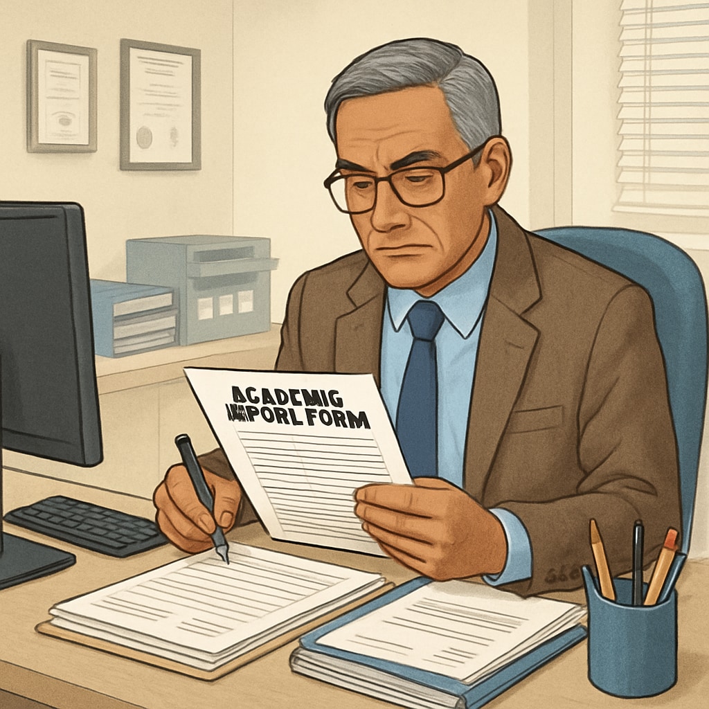 A school administrator reviewing an academic appeal form, emphasizing procedural complexities. An administrator reviewing an appeal form, linked to grading disputes and systemic barriers.