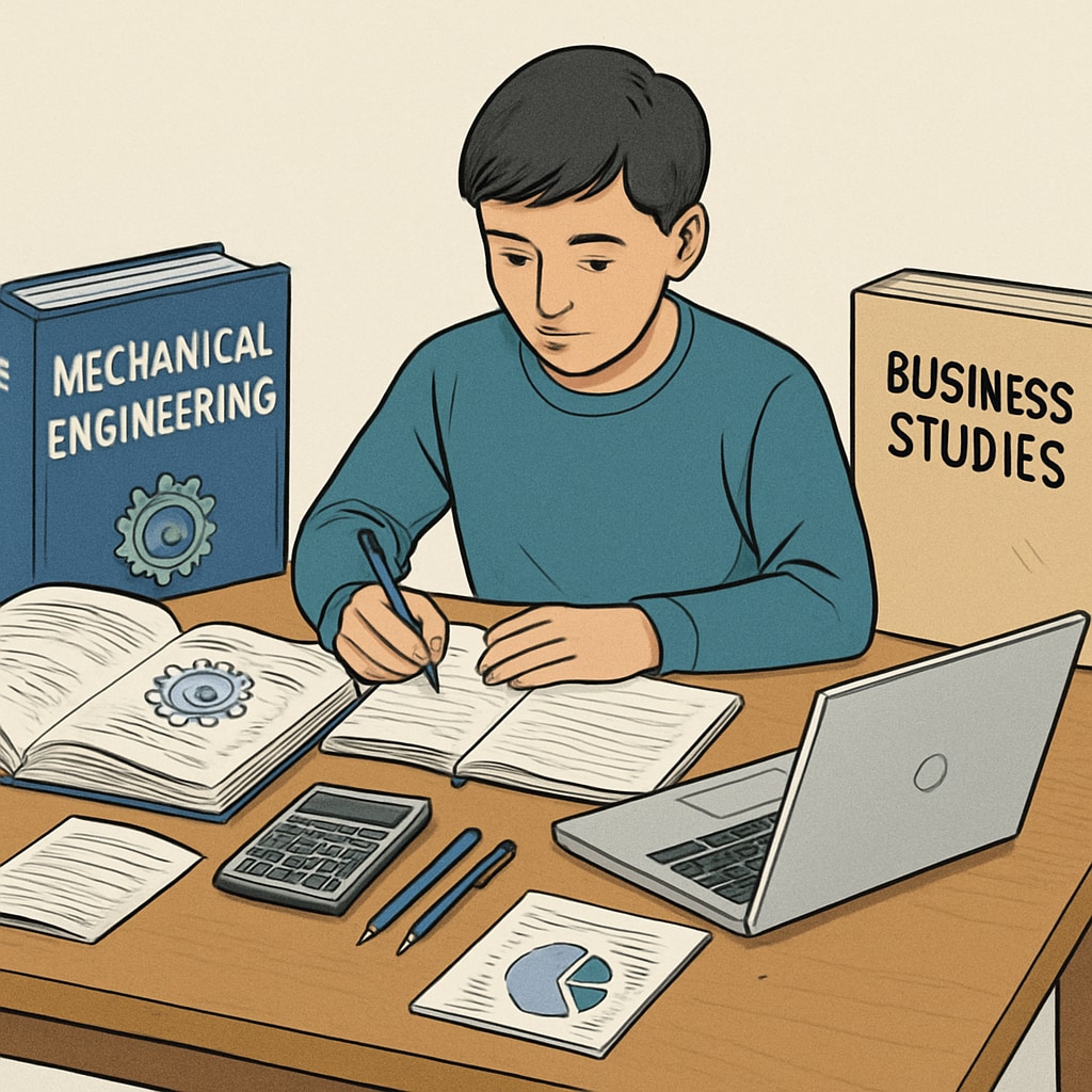 A student balancing mechanical engineering coursework with business studies, sitting at a desk with textbooks and a laptop. Student working on mechanical engineering and business studies simultaneously.