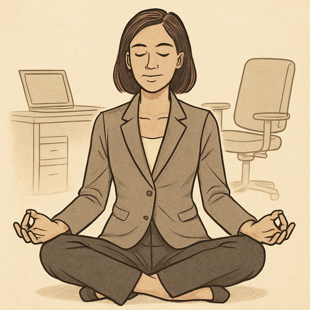 A professional woman in a business setting meditating, inspired by Sadhguru’s teachings. Female entrepreneur meditating, inspired by Sadhguru’s teachings on mindfulness.