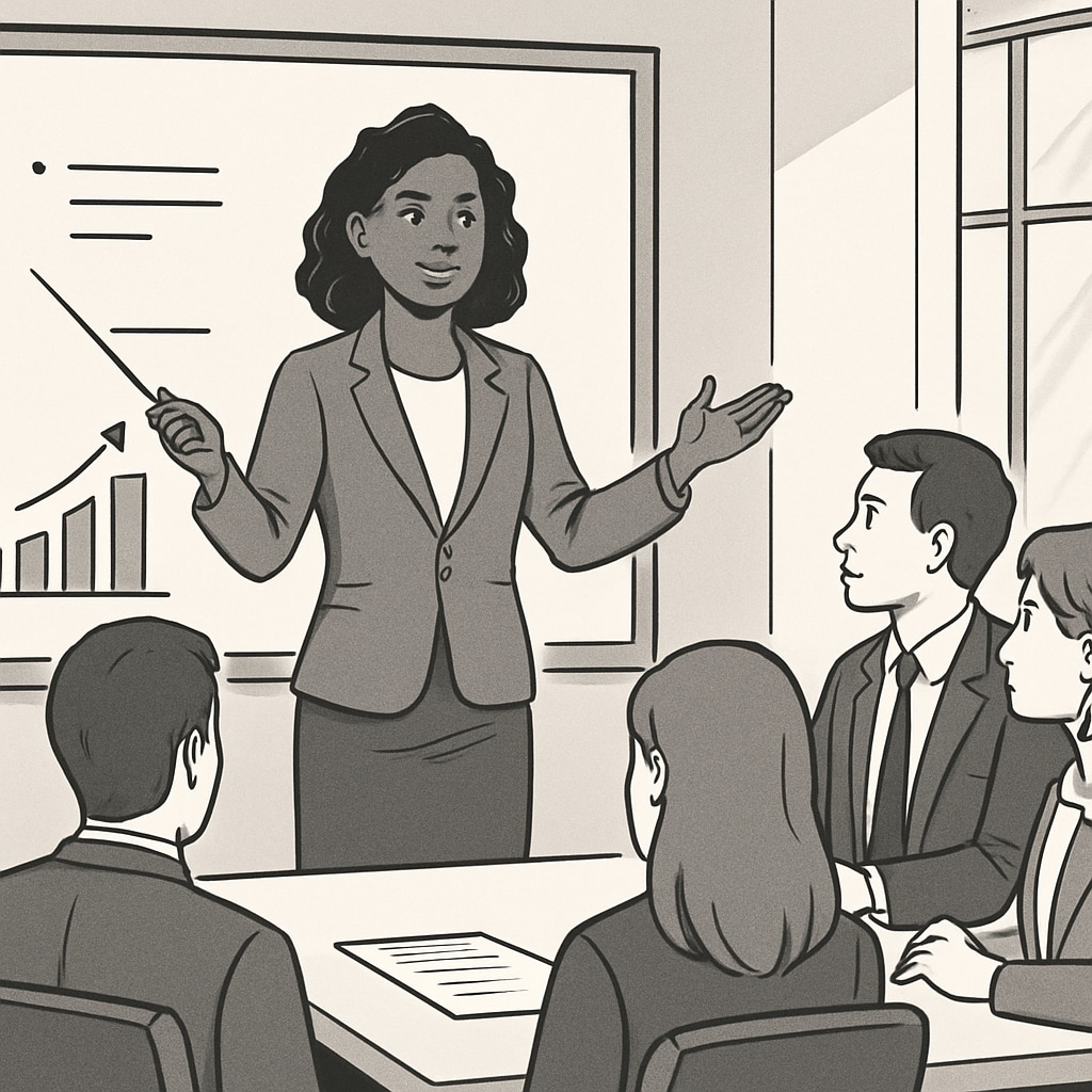 A female entrepreneur delivering a powerful presentation to her team, showcasing strong communication skills. Female entrepreneur presenting to her team, embodying effective communication strategies.