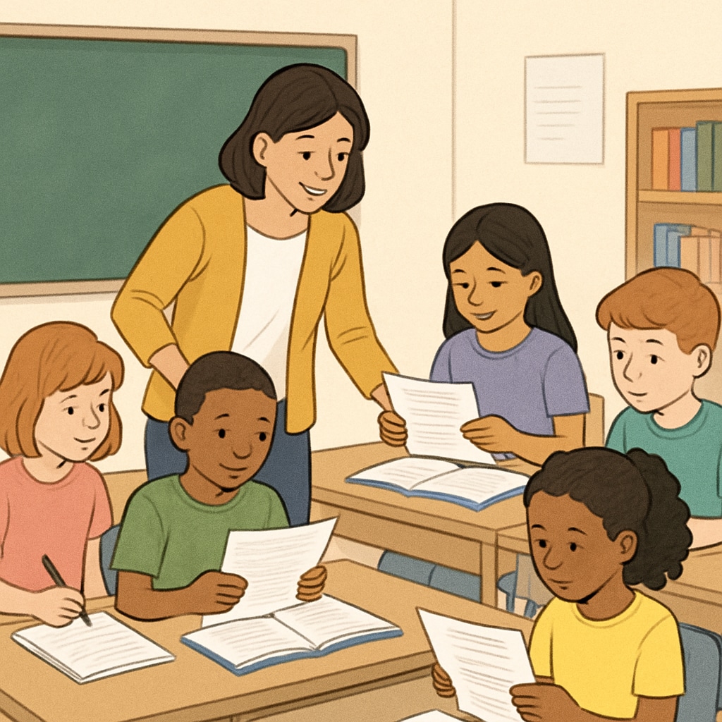 Teacher assisting fifth-grade students with reading comprehension.
