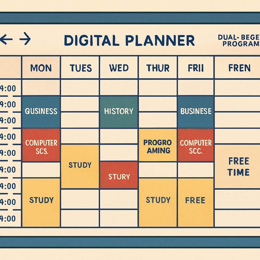 A digital planner or calendar showcasing a student's weekly schedule for dual-degree programs. Digital planner illustrating a dual-degree student's organized schedule.