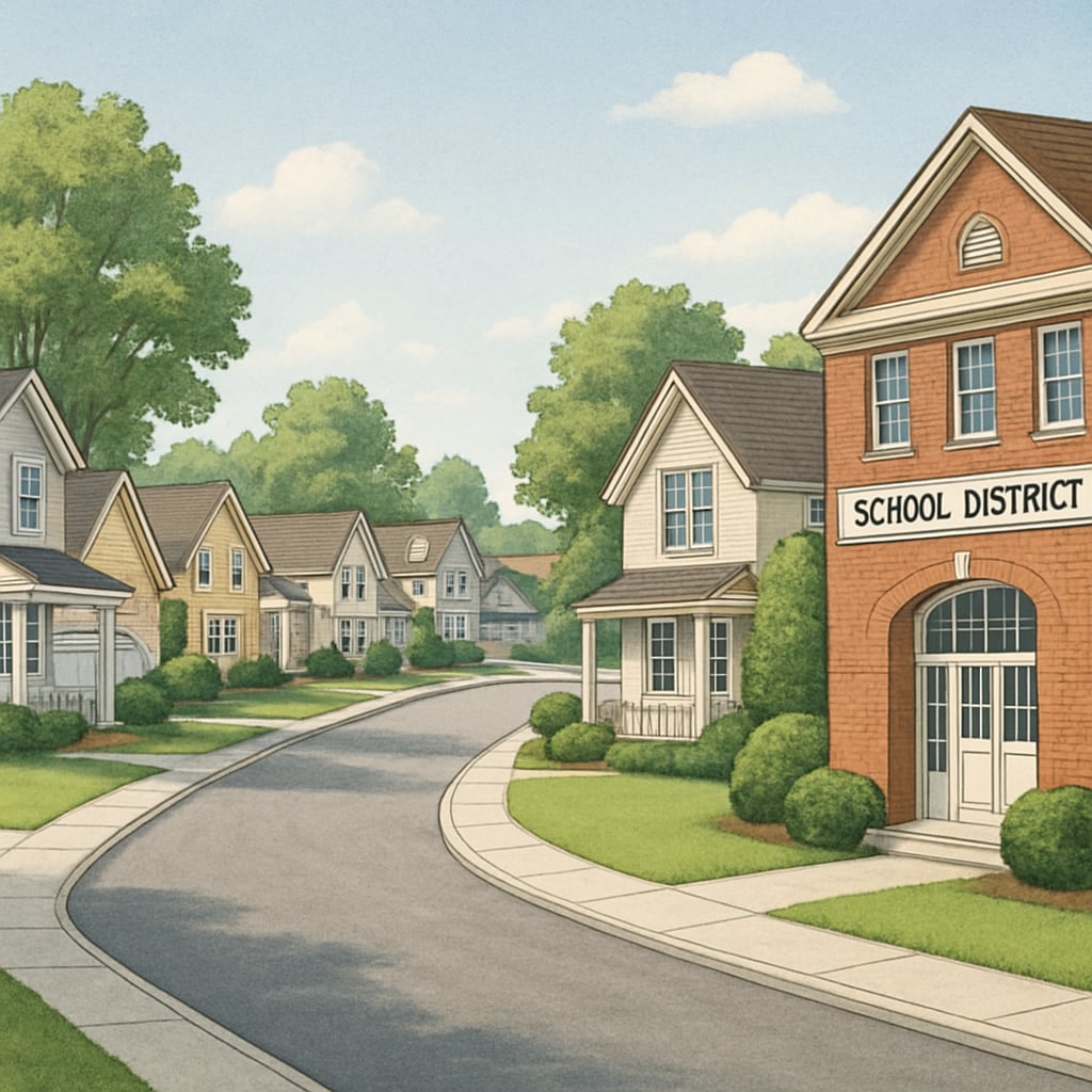 A suburban neighborhood with homes located in a top-ranked school district, showcasing attractive real estate influenced by education quality. Suburban homes influenced by top school district rankings and property values.