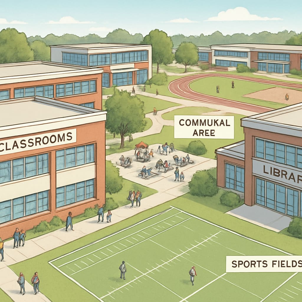 A high school campus with modern facilities, representing the type of educational amenities that drive housing demand in top school districts. High school campus driving housing demand due to quality education.