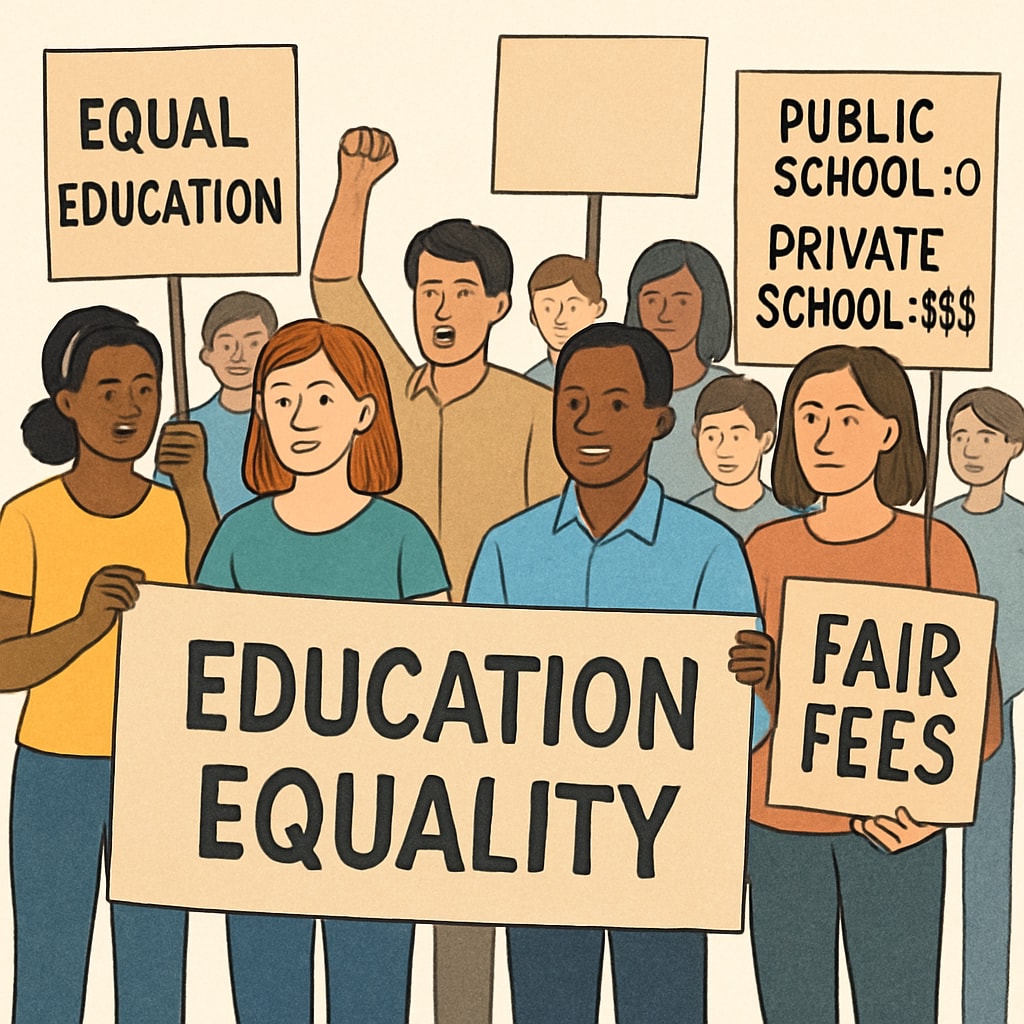 A protest or rally advocating for education equality, with banners highlighting fee disparities. Protest for education equality, addressing fee disparities for immigrant students in UK universities.