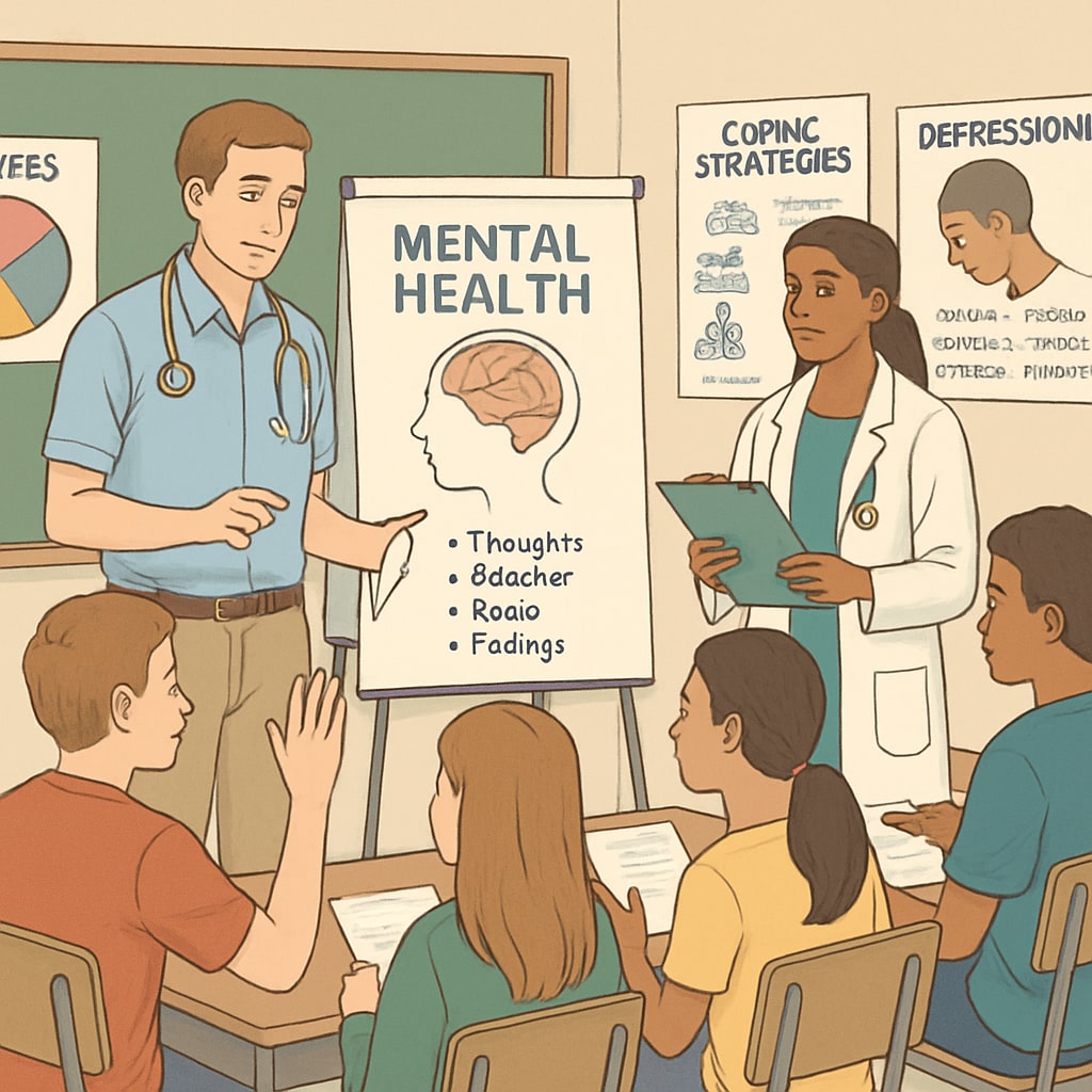 Medical students leading an interactive mental health workshop for high school students.