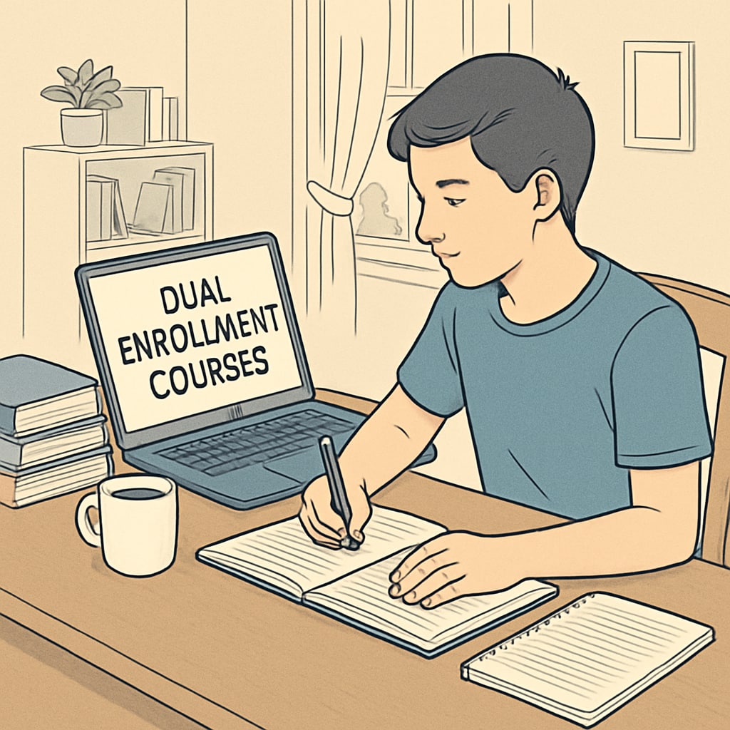 A student using a laptop for online dual enrollment courses at home, representing flexible learning opportunities. Khan World School dual enrollment student studying online at home