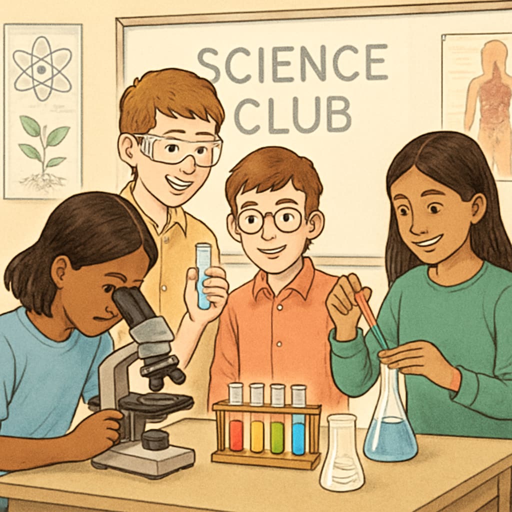 A group of middle school students participating in an extracurricular science club, complementing their online education. Middle school students exploring extracurricular activities alongside dual enrollment coursework